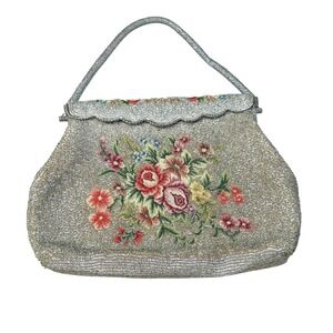Vintage Petit Point Floral Beaded Evening Bag Handbag Silver Seed Beads 1950s